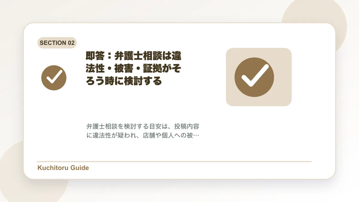 即答：弁護士相談は違法性・被害・証拠がそろう時に検討するの要点図解