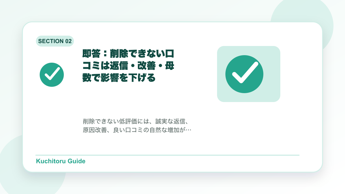 即答：削除できない口コミは返信・改善・母数で影響を下げるの要点図解
