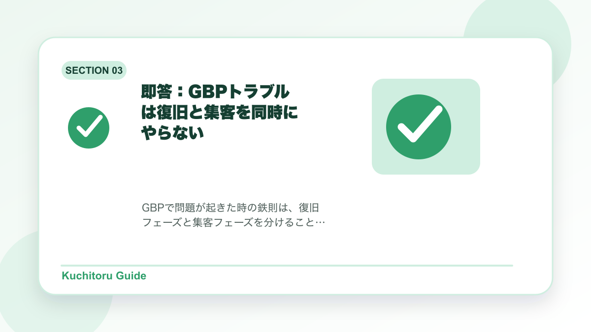 即答:GBPトラブルは復旧と集客を同時にやらないの要点図解
