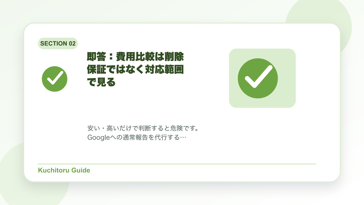 即答：費用比較は削除保証ではなく対応範囲で見るの要点図解
